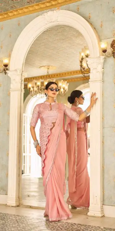 Peach Chinon Embroidery Work Lace Border Saree | Sarees, Bollywood Sarees, Creative Sarees, Designer Sarees, Embroidered Sarees, Ethnic Saree, Modern Digital sarees, Party Wear Sarees