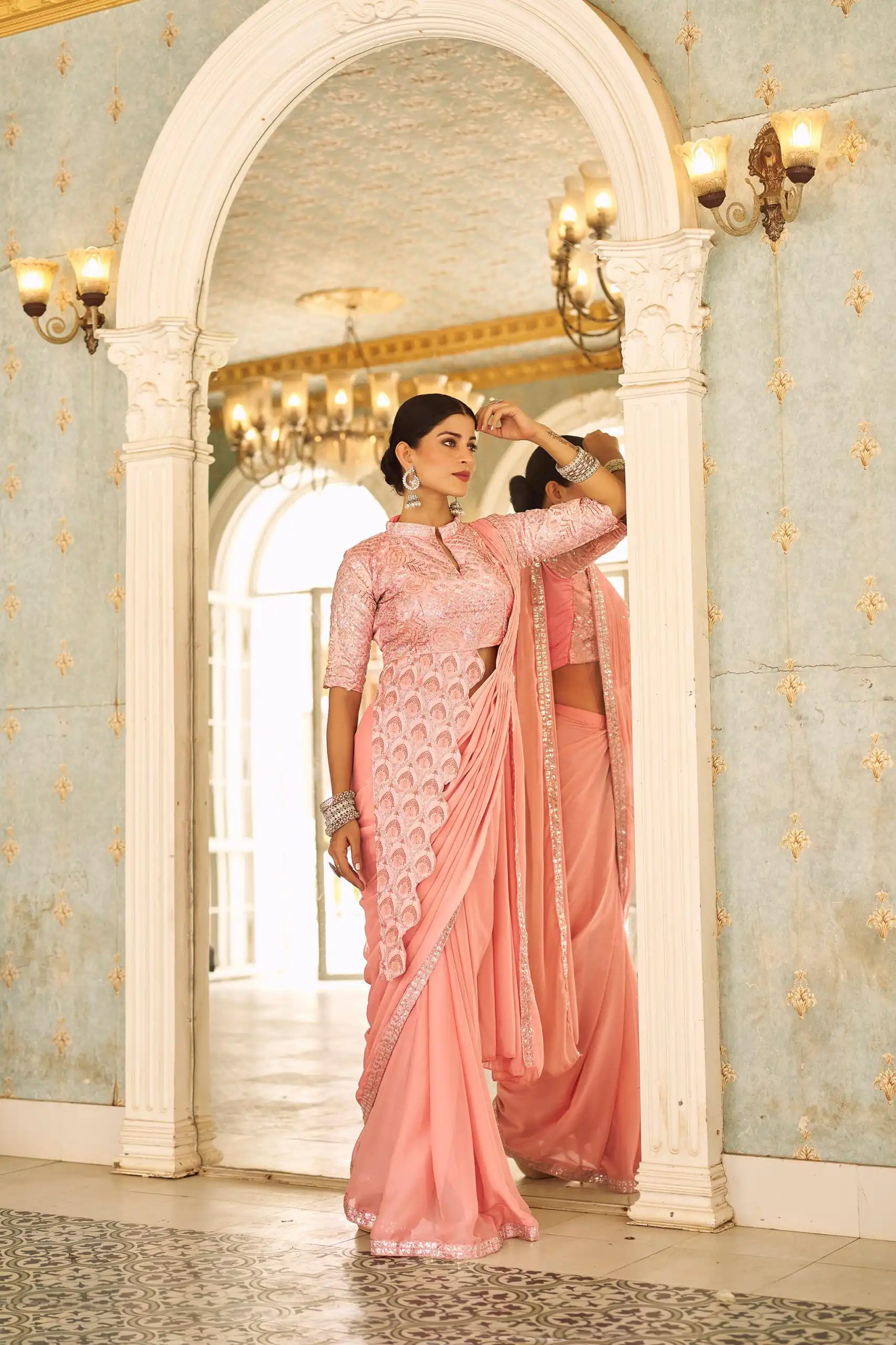 Peach Chinon Embroidery Work Lace Border Saree | Sarees, Bollywood Sarees, Creative Sarees, Designer Sarees, Embroidered Sarees, Ethnic Saree, Modern Digital sarees, Party Wear Sarees