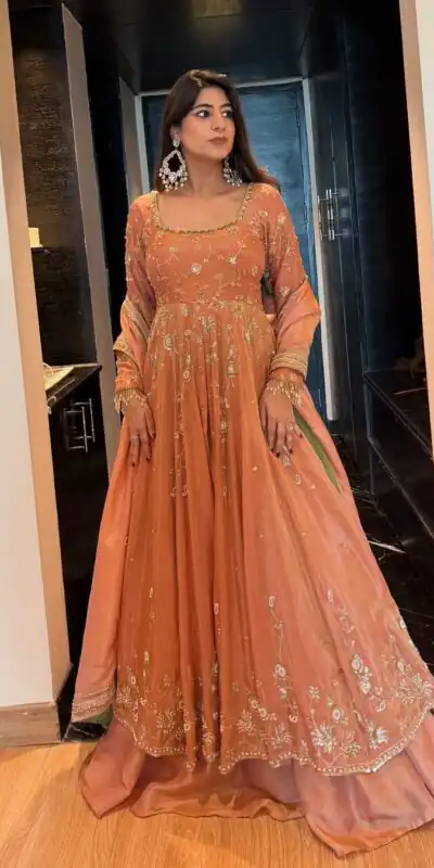 Peach Chinon Silk Sequence Lace Work Gown | Gowns, Bollywood Gowns, Creative Gowns, Designer Gowns, Embroidered Gowns, Party Wear Gowns