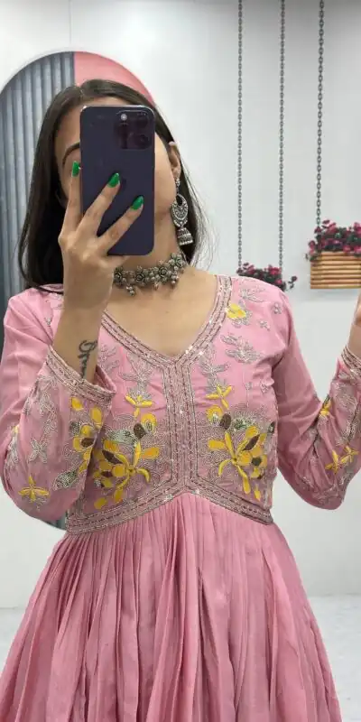 Peach Chinon Thread Embroidery Work Gown | Gowns, Bollywood Gowns, Creative Gowns, Designer Gowns, Embroidered Gowns, Party Wear Gowns