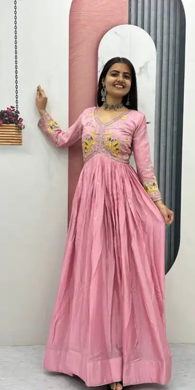 Peach Chinon Thread Embroidery Work Gown | Gowns, Bollywood Gowns, Creative Gowns, Designer Gowns, Embroidered Gowns, Party Wear Gowns