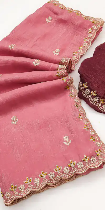 Peach Crunchy Chiffon Embroidery Work Saree | Sarees, Bollywood Sarees, Creative Sarees, Designer Sarees, Embroidered Sarees, Ethnic Saree, Modern Digital sarees, Party Wear Sarees