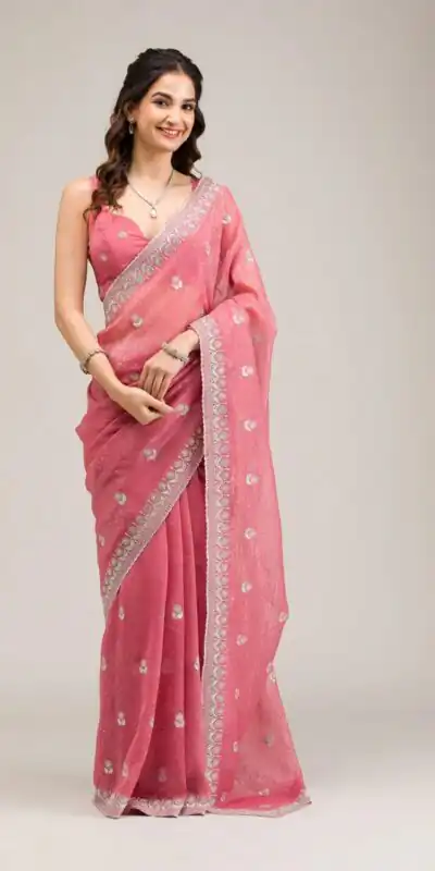 Peach Crunchy Ciffon Embroidery Zari Work Saree | Sarees, Bollywood Sarees, Creative Sarees, Designer Sarees, Embroidered Sarees, Ethnic Saree, Modern Digital sarees, Party Wear Sarees