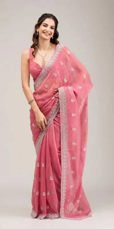 Peach Crunchy Ciffon Embroidery Zari Work Saree | Sarees, Bollywood Sarees, Creative Sarees, Designer Sarees, Embroidered Sarees, Ethnic Saree, Modern Digital sarees, Party Wear Sarees