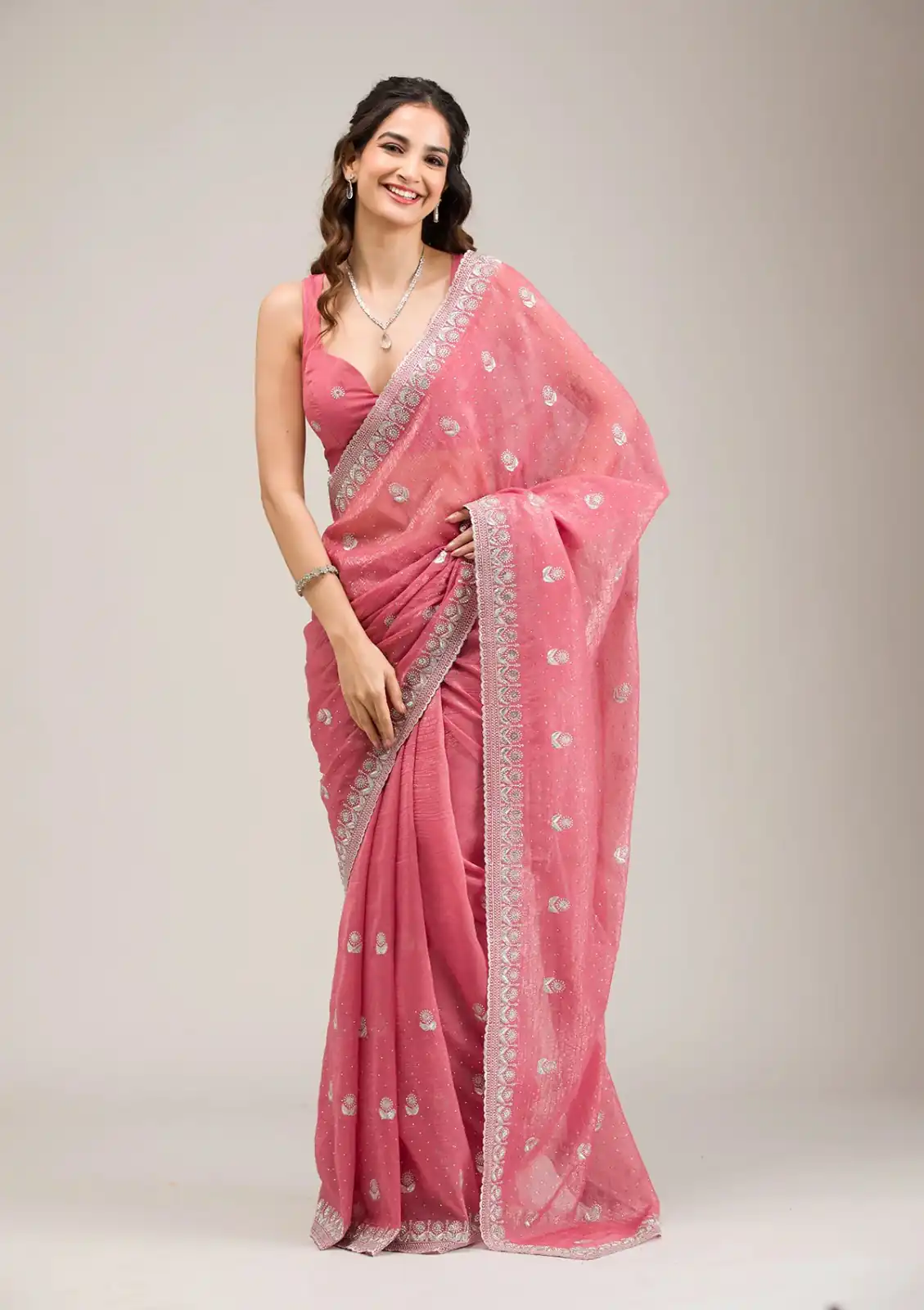 Peach Crunchy Ciffon Embroidery Zari Work Saree | Sarees, Bollywood Sarees, Creative Sarees, Designer Sarees, Embroidered Sarees, Ethnic Saree, Modern Digital sarees, Party Wear Sarees