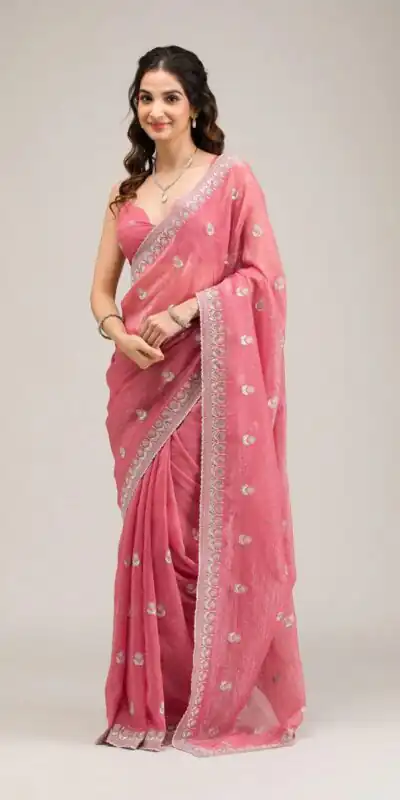 Peach Crunchy Ciffon Embroidery Zari Work Saree | Sarees, Bollywood Sarees, Creative Sarees, Designer Sarees, Embroidered Sarees, Ethnic Saree, Modern Digital sarees, Party Wear Sarees