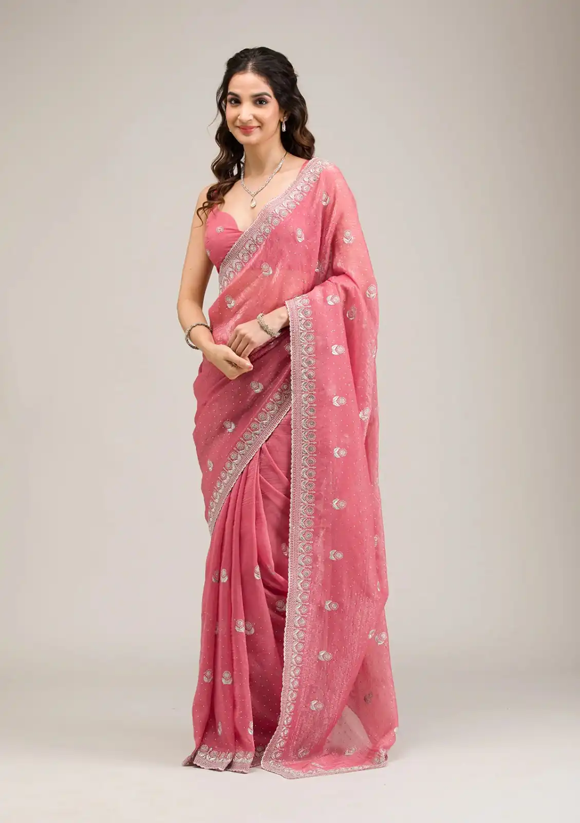 Peach Crunchy Ciffon Embroidery Zari Work Saree | Sarees, Bollywood Sarees, Creative Sarees, Designer Sarees, Embroidered Sarees, Ethnic Saree, Modern Digital sarees, Party Wear Sarees