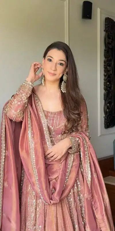 Peach Crunchy Silk Lace Embroidery Work Gown | Gowns, Bollywood Gowns, Creative Gowns, Designer Gowns, Embroidered Gowns, Party Wear Gowns