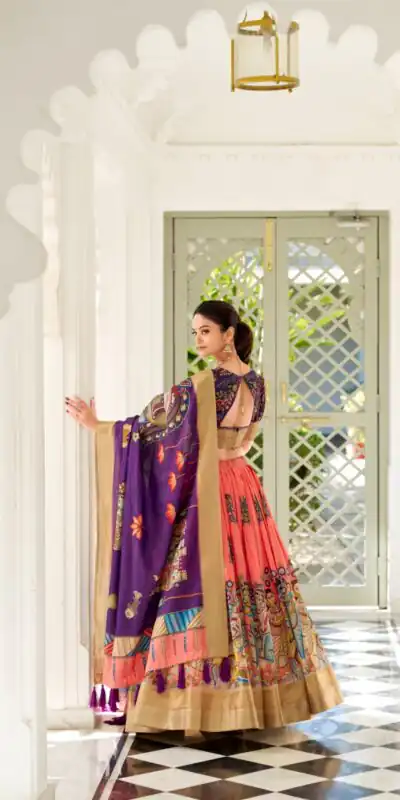 Peach Dola Silk Lace Work Kalamkari Print Lehenga Choli | Lehenga, Bollywood Lehenga, Creative Lehenga, Designer Lehenga, Embroidered Lehenga, Party Wear Lehenga