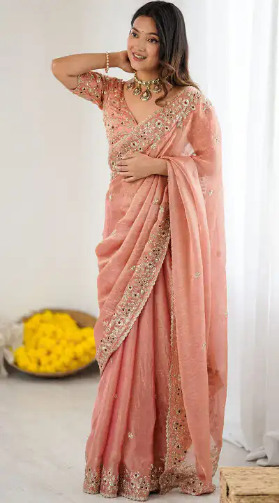 Peach Fandy Chiffon Embroidery Cut Work Saree | Sarees, Bollywood Sarees, Creative Sarees, Designer Sarees, Embroidered Sarees, Ethnic Saree, Modern Digital sarees, Party Wear Sarees
