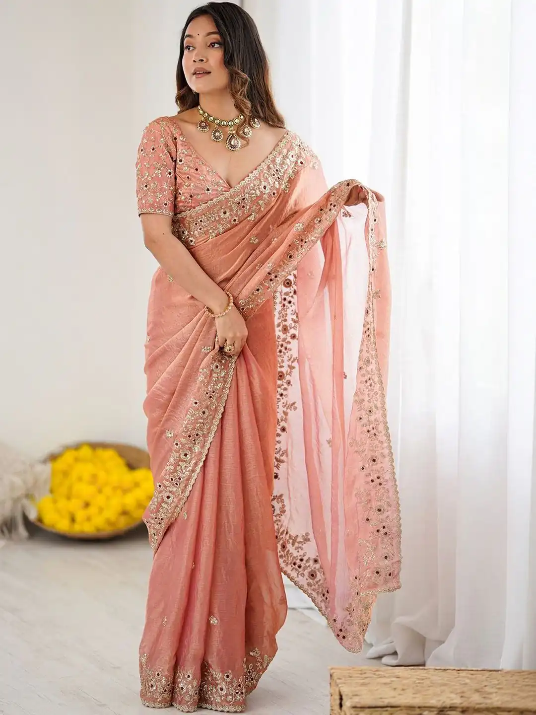 Peach Fandy Chiffon Embroidery Cut Work Saree | Sarees, Bollywood Sarees, Creative Sarees, Designer Sarees, Embroidered Sarees, Ethnic Saree, Modern Digital sarees, Party Wear Sarees