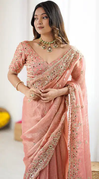 Peach Fandy Chiffon Embroidery Cut Work Saree | Sarees, Bollywood Sarees, Creative Sarees, Designer Sarees, Embroidered Sarees, Ethnic Saree, Modern Digital sarees, Party Wear Sarees