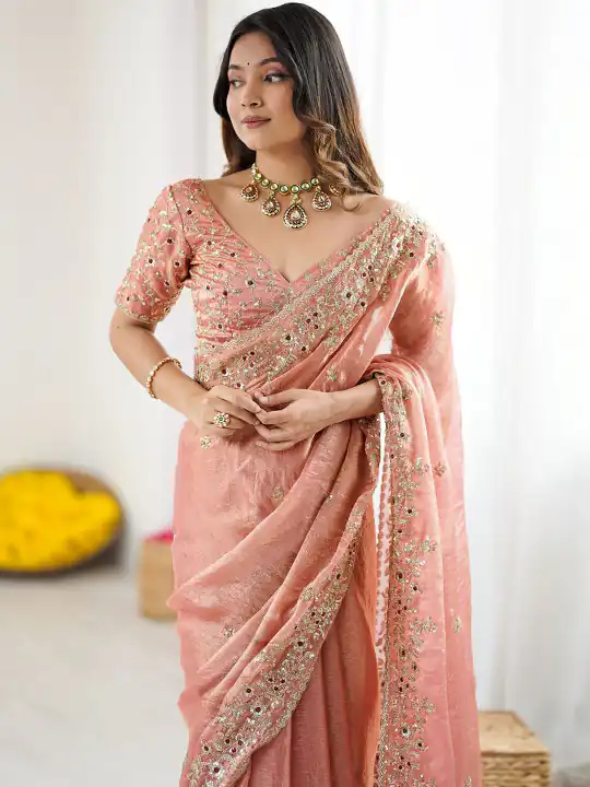 Peach Fandy Chiffon Embroidery Cut Work Saree | Sarees, Bollywood Sarees, Creative Sarees, Designer Sarees, Embroidered Sarees, Ethnic Saree, Modern Digital sarees, Party Wear Sarees