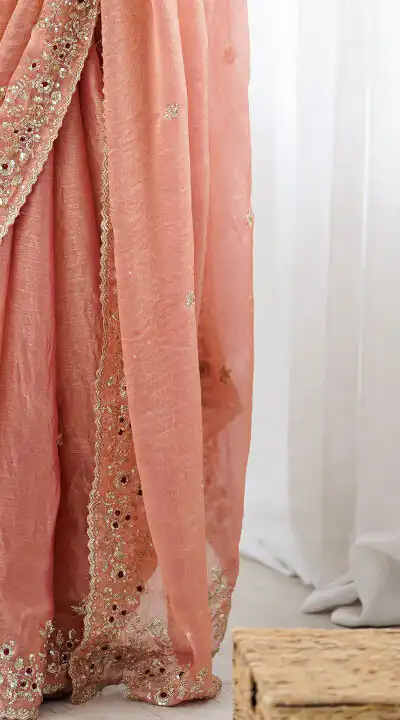 Peach Fandy Chiffon Embroidery Cut Work Saree | Sarees, Bollywood Sarees, Creative Sarees, Designer Sarees, Embroidered Sarees, Ethnic Saree, Modern Digital sarees, Party Wear Sarees