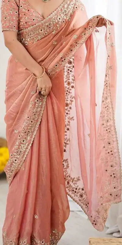 Peach Fandy Chiffon Embroidery Cut Work Saree | Sarees, Bollywood Sarees, Creative Sarees, Designer Sarees, Embroidered Sarees, Ethnic Saree, Modern Digital sarees, Party Wear Sarees