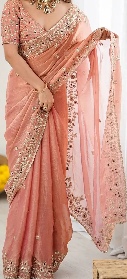 Peach Fandy Chiffon Embroidery Cut Work Saree | Sarees, Bollywood Sarees, Creative Sarees, Designer Sarees, Embroidered Sarees, Ethnic Saree, Modern Digital sarees, Party Wear Sarees