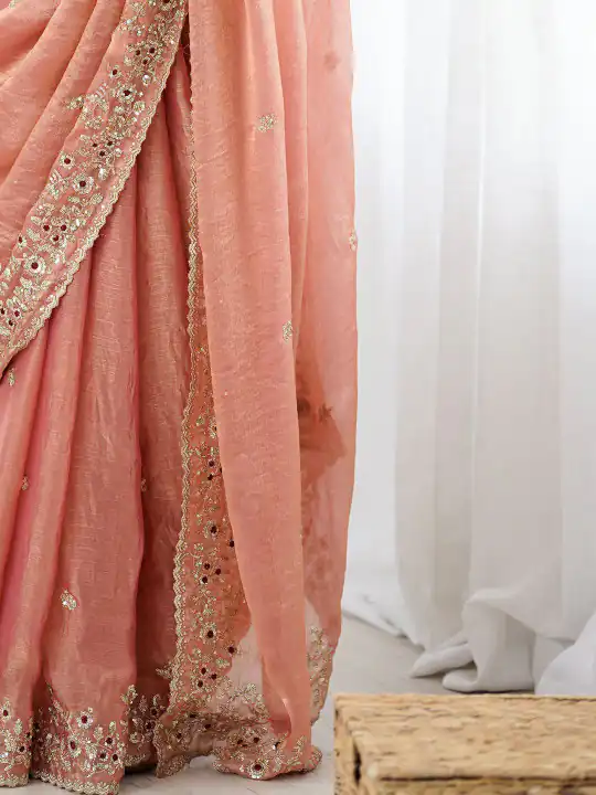 Peach Fandy Chiffon Embroidery Cut Work Saree | Sarees, Bollywood Sarees, Creative Sarees, Designer Sarees, Embroidered Sarees, Ethnic Saree, Modern Digital sarees, Party Wear Sarees
