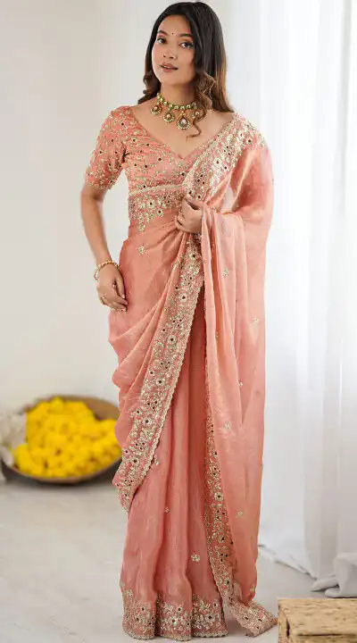 Peach Fandy Chiffon Embroidery Cut Work Saree | Sarees, Bollywood Sarees, Creative Sarees, Designer Sarees, Embroidered Sarees, Ethnic Saree, Modern Digital sarees, Party Wear Sarees