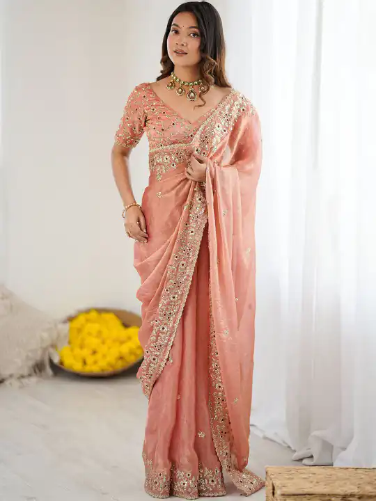 Peach Fandy Chiffon Embroidery Cut Work Saree | Sarees, Bollywood Sarees, Creative Sarees, Designer Sarees, Embroidered Sarees, Ethnic Saree, Modern Digital sarees, Party Wear Sarees