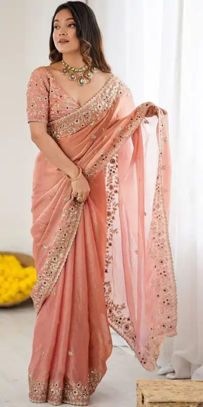 Peach Fandy Chiffon Embroidery Cut Work Saree | Sarees, Bollywood Sarees, Creative Sarees, Designer Sarees, Embroidered Sarees, Ethnic Saree, Modern Digital sarees, Party Wear Sarees