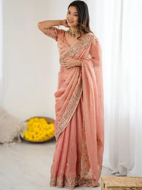 Peach Fandy Chiffon Embroidery Cut Work Saree | Sarees, Bollywood Sarees, Creative Sarees, Designer Sarees, Embroidered Sarees, Ethnic Saree, Modern Digital sarees, Party Wear Sarees