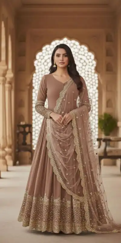 Peach Faux Georgette With Embroidery Work Gown | Gowns, Bollywood Gowns, Creative Gowns, Designer Gowns, Embroidered Gowns, Party Wear Gowns