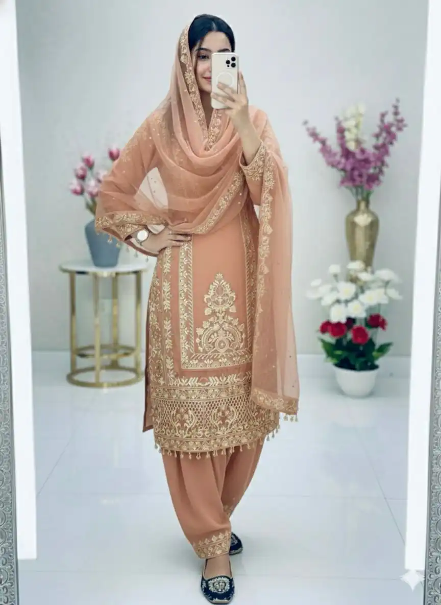 Peach Faux Georgette With Embroidery Work Salwar Suit | Jump Suits, Tops & Bottoms, Track Suits, Salwar suit, Casual Suits, Creative suits, Designer Suits, Palazzo Suits, Party Wear Suits, Patiala Suits, Straight Suits, Trendy Wear