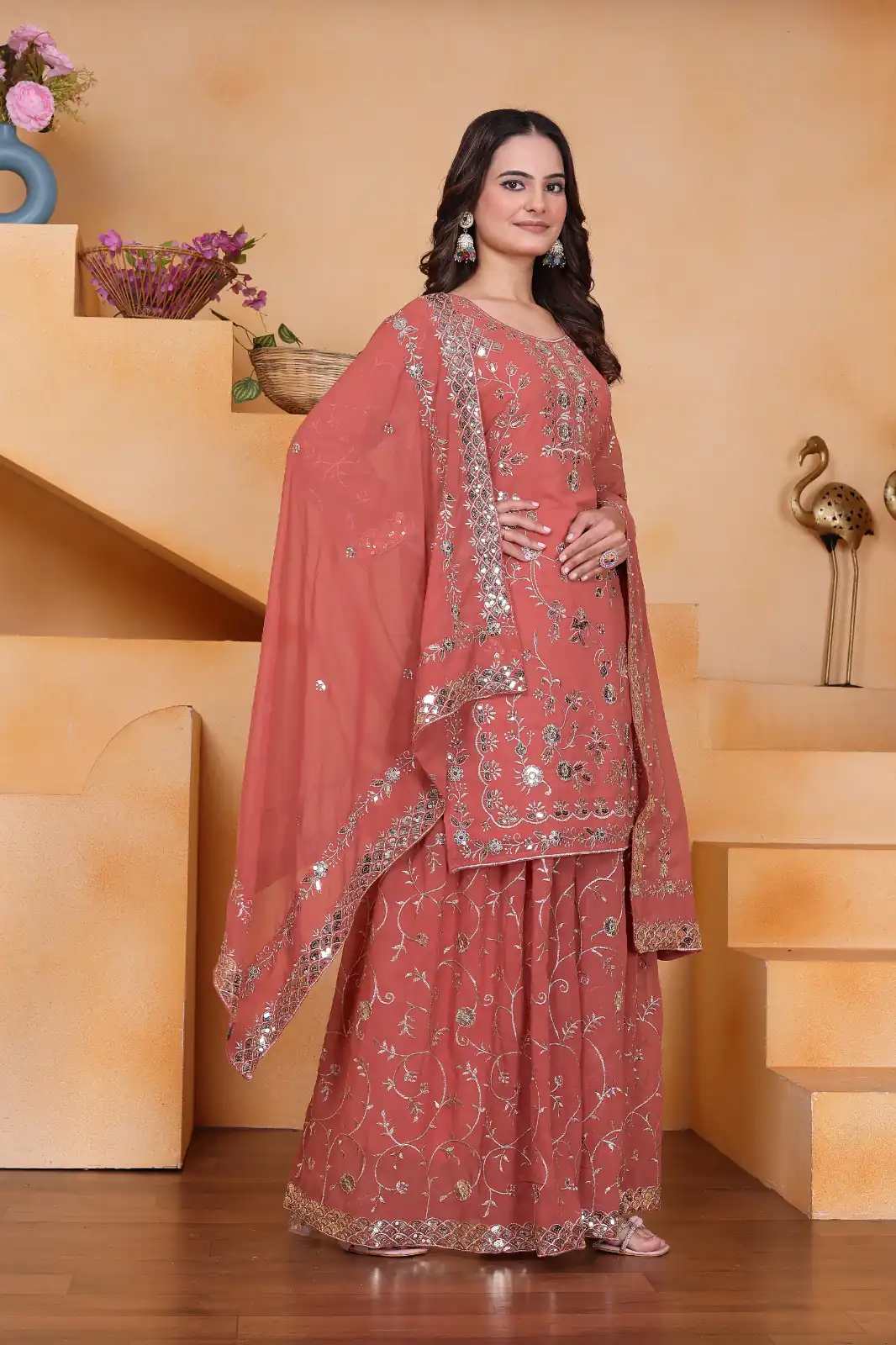 Peach Fox Georgette Embroidery Work Salwar Suit | Jump Suits, Salwar suit, Casual Suits, Creative suits, Designer Suits, Palazzo Suits, Party Wear Suits, Patiala Suits, Straight Suits