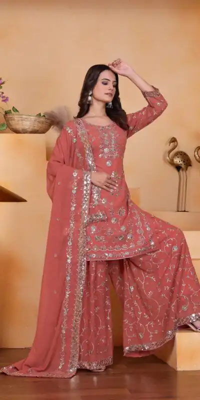 Peach Fox Georgette Embroidery Work Salwar Suit | Jump Suits, Salwar suit, Casual Suits, Creative suits, Designer Suits, Palazzo Suits, Party Wear Suits, Patiala Suits, Straight Suits