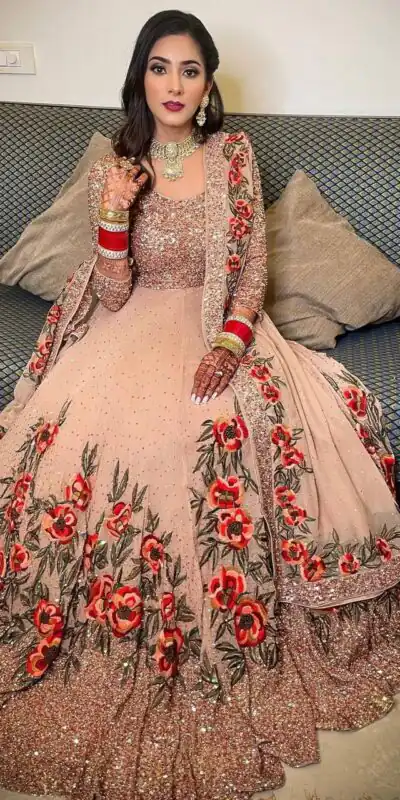 Peach Georgette Embroidery Stone Work Gown | Gowns, Bollywood Gowns, Creative Gowns, Designer Gowns, Embroidered Gowns, Party Wear Gowns