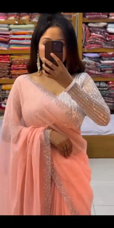 Peach Georgette Hot Fix Stone Work Saree | Sarees, Bollywood Sarees, Creative Sarees, Designer Sarees, Embroidered Sarees, Ethnic Saree, Modern Digital sarees, Party Wear Sarees