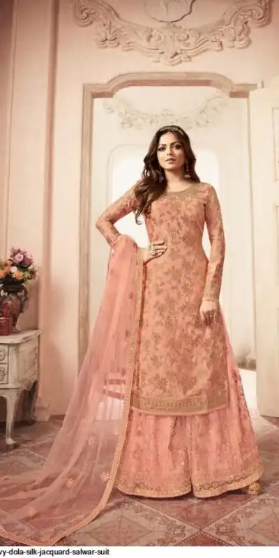 Peach Georgette Jacquard Diamond Sharara Suit | Jump Suits, Salwar suit, Casual Suits, Creative suits, Designer Suits, Palazzo Suits, Party Wear Suits, Patiala Suits, Straight Suits