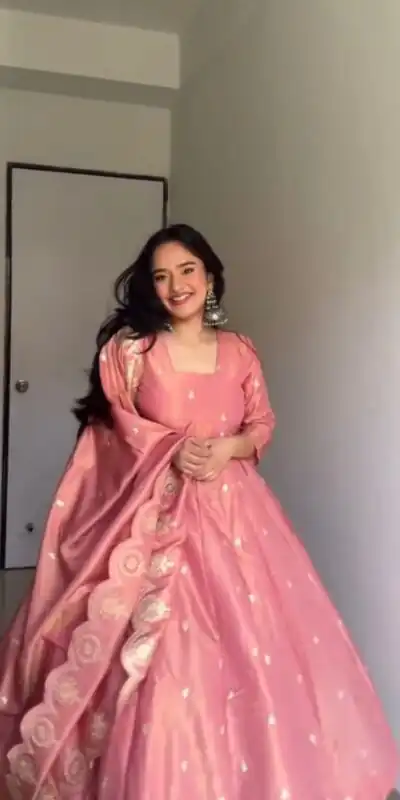 Peach Gold Crush Silk Embroidery Work Gown | Gowns, Bollywood Gowns, Creative Gowns, Designer Gowns, Embroidered Gowns, Party Wear Gowns