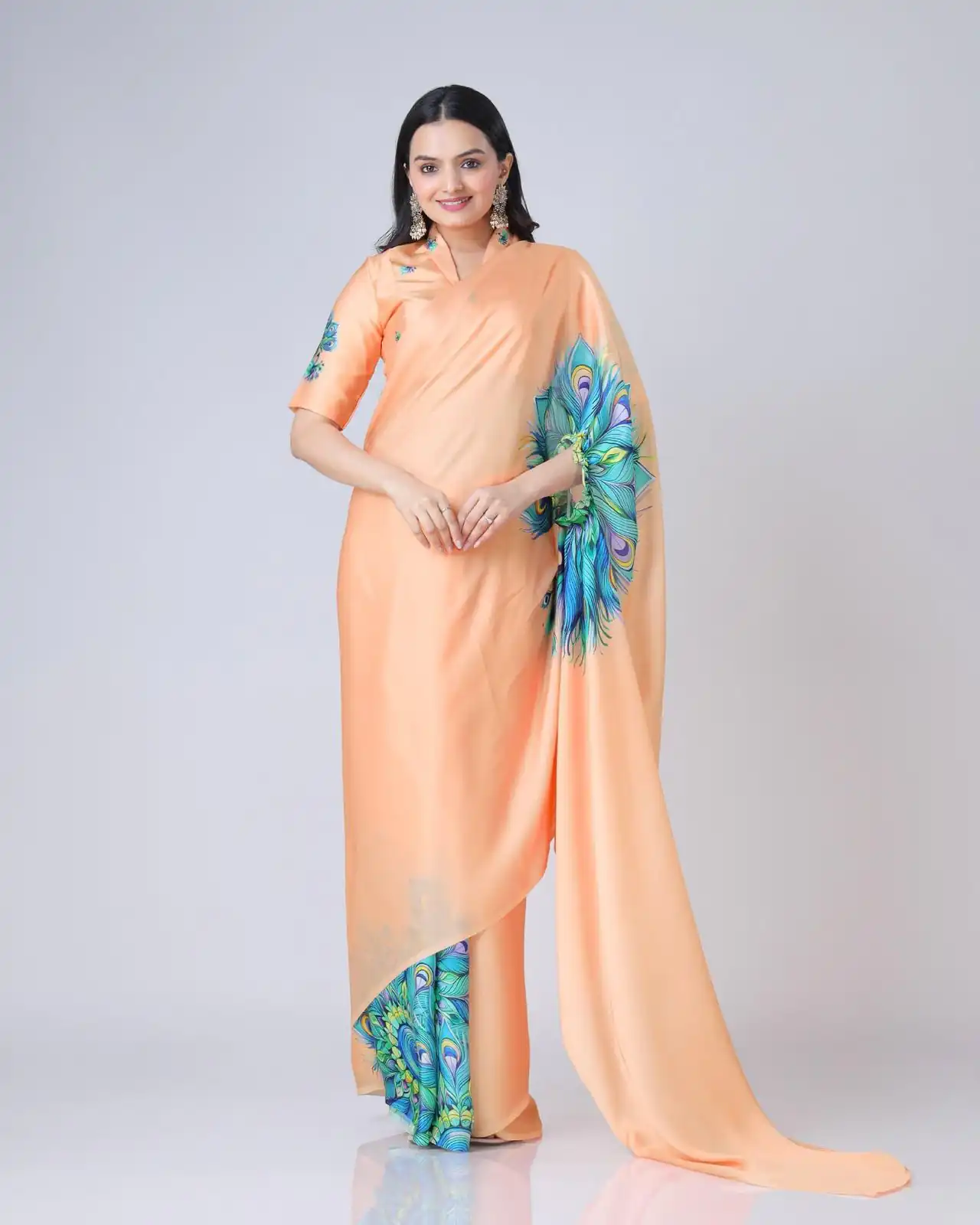 Peach Japan Satin Digital Print Work Saree | Sarees, Bollywood Sarees, Creative Sarees, Designer Sarees, Embroidered Sarees, Ethnic Saree, Modern Digital sarees, Party Wear Sarees