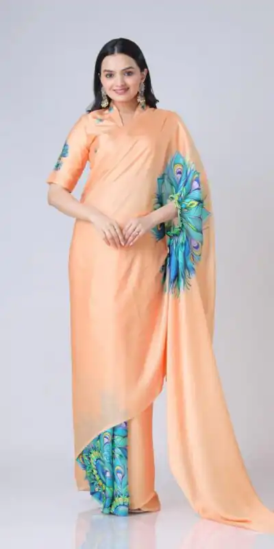 Peach Japan Satin Digital Print Work Saree | Sarees, Bollywood Sarees, Creative Sarees, Designer Sarees, Embroidered Sarees, Ethnic Saree, Modern Digital sarees, Party Wear Sarees