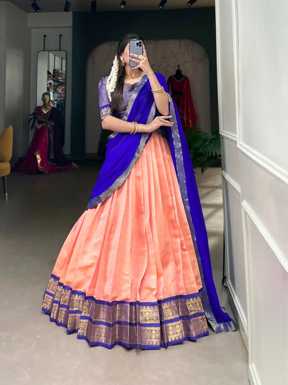 Peach Kanchipuram Zari Weaving Work Lehenga Choli | Lehenga, Bollywood Lehenga, Creative Lehenga, Designer Lehenga, Embroidered Lehenga, Party Wear Lehenga