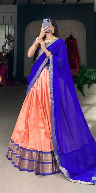 Peach Kanchipuram Zari Weaving Work Lehenga Choli | Lehenga, Bollywood Lehenga, Creative Lehenga, Designer Lehenga, Embroidered Lehenga, Party Wear Lehenga