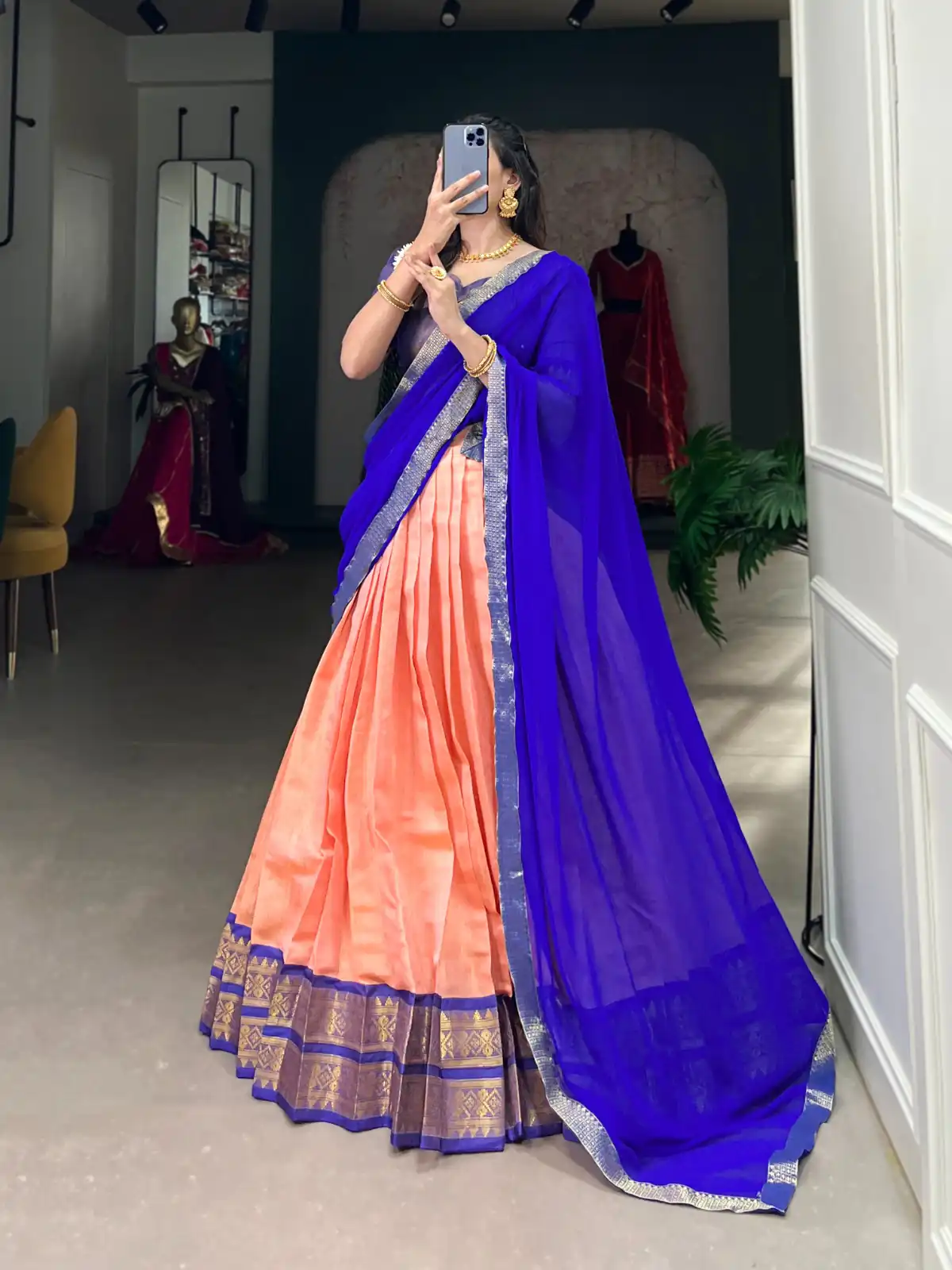 Peach Kanchipuram Zari Weaving Work Lehenga Choli | Lehenga, Bollywood Lehenga, Creative Lehenga, Designer Lehenga, Embroidered Lehenga, Party Wear Lehenga