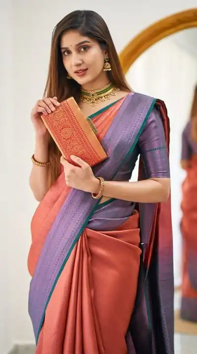 Peach Lichi Silk Jacquard Work Saree | Sarees, Bollywood Sarees, Creative Sarees, Designer Sarees, Embroidered Sarees, Ethnic Saree, Modern Digital sarees, Party Wear Sarees