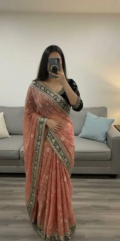 Peach Moss Silk Zari Embroidery Work Saree | Sarees, Bollywood Sarees, Creative Sarees, Designer Sarees, Embroidered Sarees, Ethnic Saree, Modern Digital sarees, Party Wear Sarees