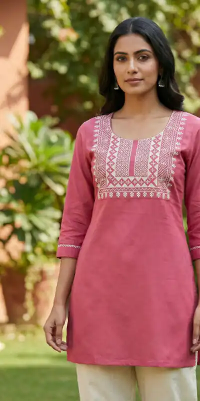 Peach Rayon Thread Work Kurti | Kurti, Bollywood Kurti, Creative Kurtis, Designer Kurti, Party Wear Kurti, Selfie Kurti