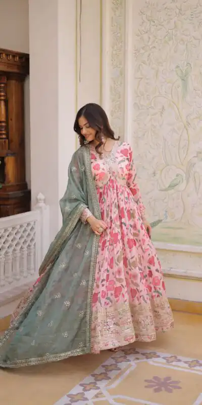 Peach Russian Silk Embroidery Zari Work Gown | Gowns, Bollywood Gowns, Creative Gowns, Designer Gowns, Embroidered Gowns, Party Wear Gowns