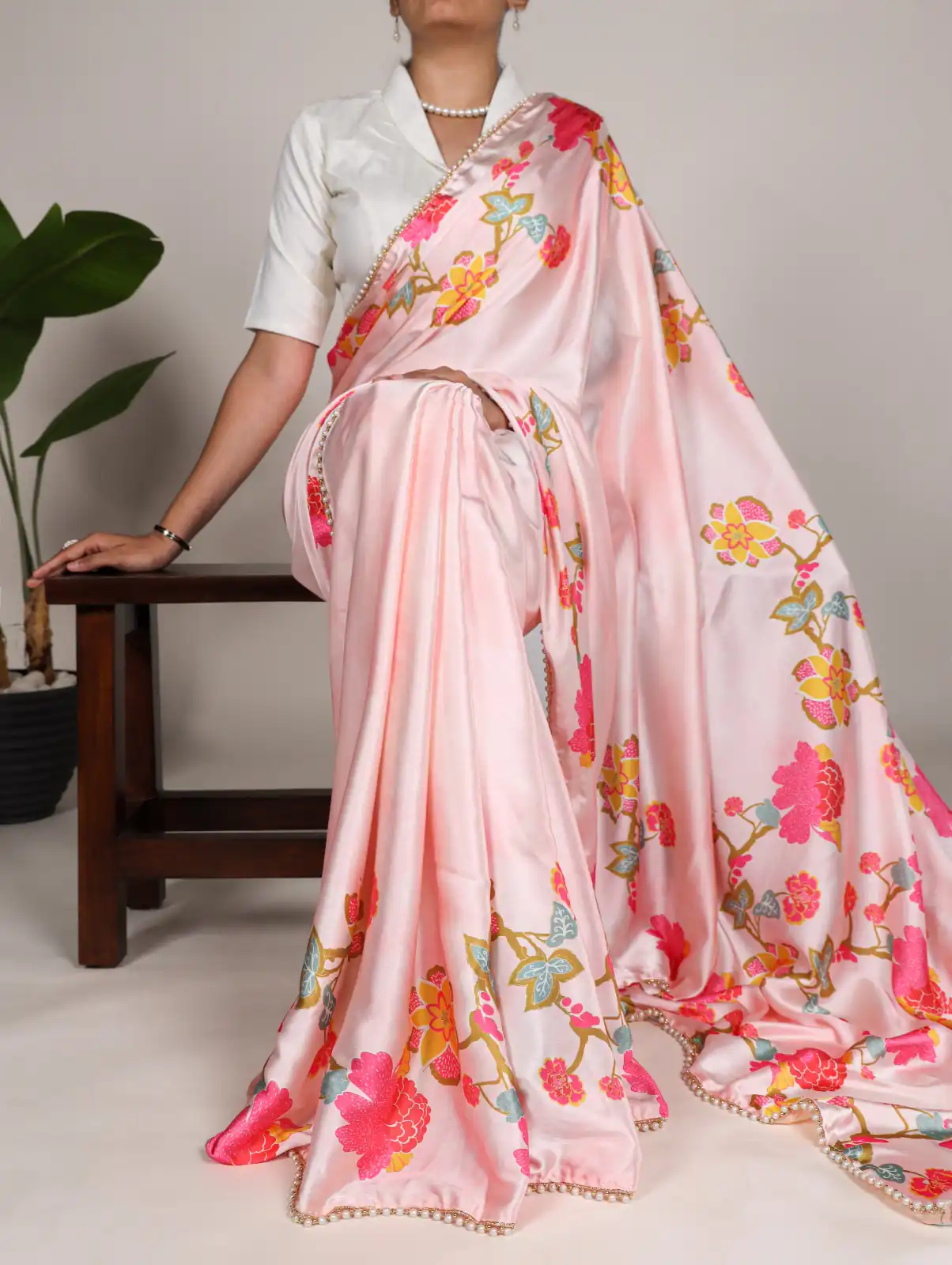 Peach Satin Silk Floral Printed Lace Border Work Saree | Sarees, Bollywood Sarees, Creative Sarees, Designer Sarees, Embroidered Sarees, Ethnic Saree, Modern Digital sarees, Party Wear Sarees
