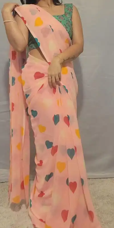 Peach Soft Georgette Silk Digital Print Heart Design Saree | Sarees, Bollywood Sarees, Creative Sarees, Designer Sarees, Embroidered Sarees, Ethnic Saree, Modern Digital sarees, Party Wear Sarees
