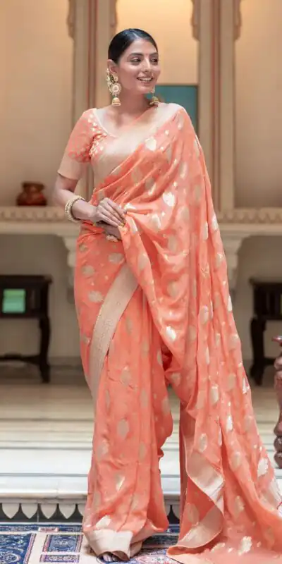 Peach Soft Lichi Silk Jacquard Work Saree | Sarees, Bollywood Sarees, Creative Sarees, Designer Sarees, Embroidered Sarees, Ethnic Saree, Modern Digital sarees, Party Wear Sarees