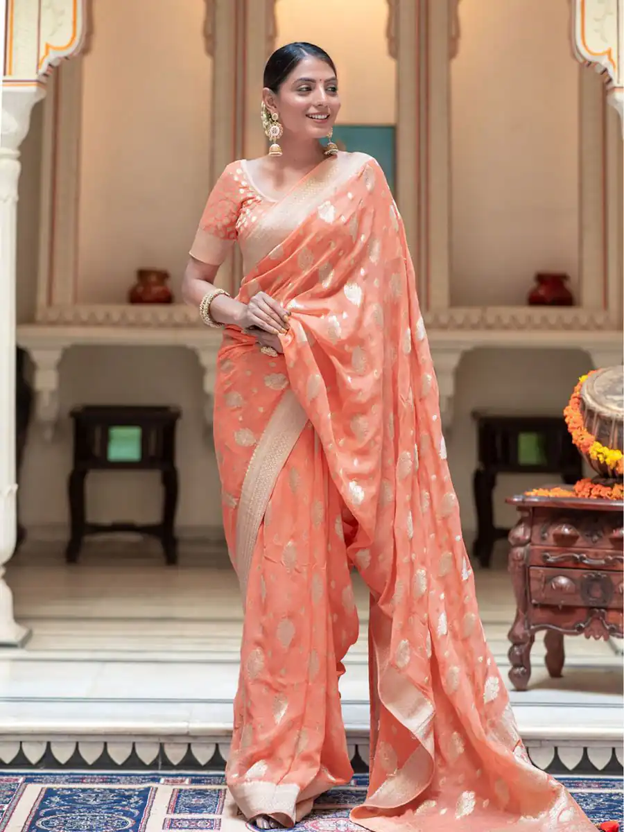 Peach Soft Lichi Silk Jacquard Work Saree | Sarees, Bollywood Sarees, Creative Sarees, Designer Sarees, Embroidered Sarees, Ethnic Saree, Modern Digital sarees, Party Wear Sarees
