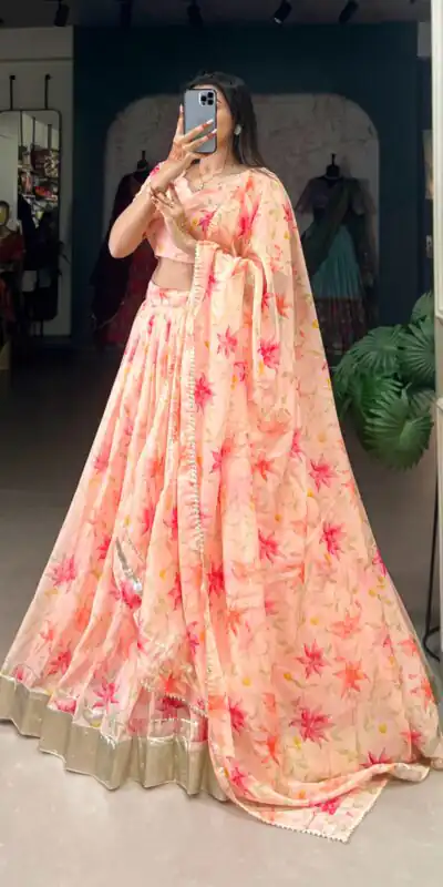 Peach Tabby Silk Lace Work Lehenga Choli | Lehenga, Bollywood Lehenga, Creative Lehenga, Designer Lehenga, Embroidered Lehenga, Party Wear Lehenga