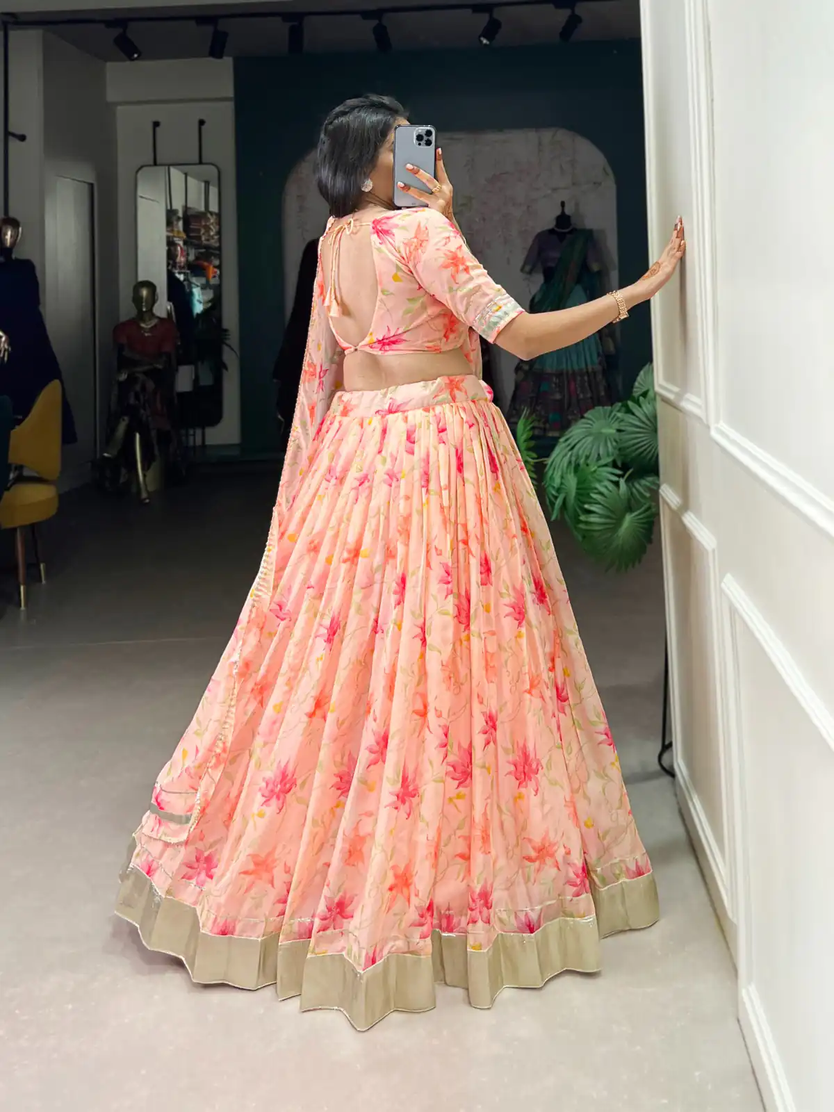 Peach Tabby Silk Lace Work Lehenga Choli | Lehenga, Bollywood Lehenga, Creative Lehenga, Designer Lehenga, Embroidered Lehenga, Party Wear Lehenga