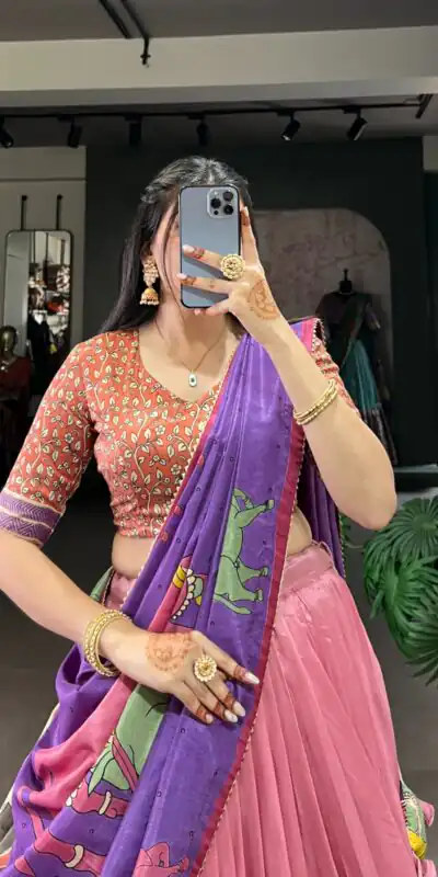 Peach Tasar Kalamkari Lehenga Choli | Lehenga, Bollywood Lehenga, Creative Lehenga, Designer Lehenga, Embroidered Lehenga, Party Wear Lehenga