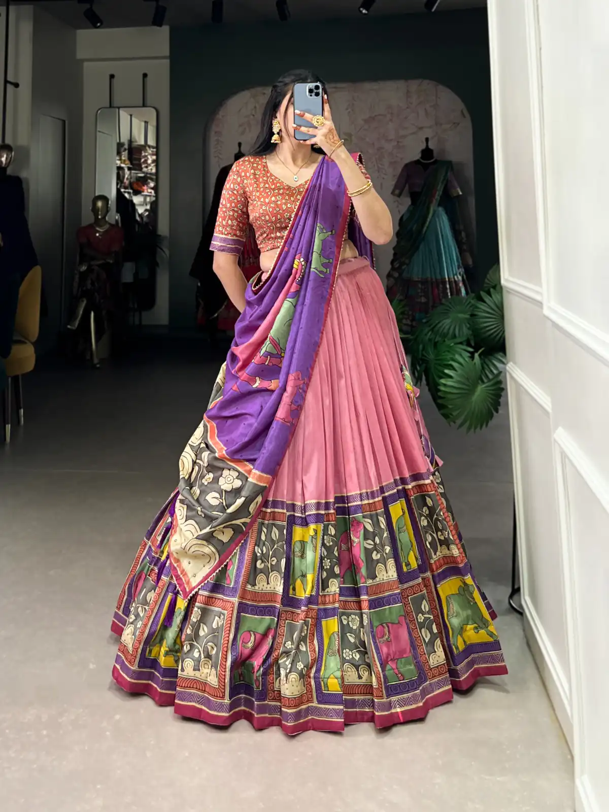 Peach Tasar Kalamkari Lehenga Choli | Lehenga, Bollywood Lehenga, Creative Lehenga, Designer Lehenga, Embroidered Lehenga, Party Wear Lehenga